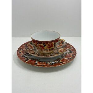 Vintage NWC-105 Fall Flower Gold Trim Accent Teacup Sauce and Plate Set Hand pai
